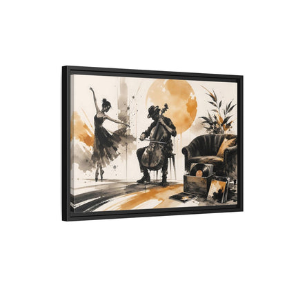 Side Mockup 3. Abstract Cello Dancer Brown And Black shown as framed canvas print
