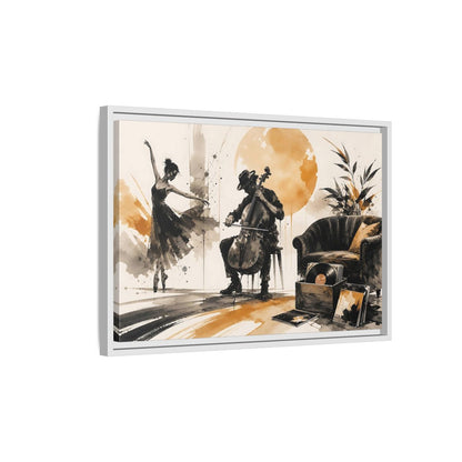 Side Mockup 1. Abstract Cello Dancer Brown And Black shown as framed canvas print