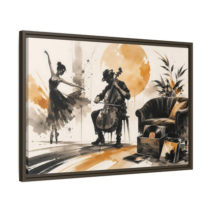 Side Mockup 11. Abstract Cello Dancer Brown And Black shown as framed canvas print