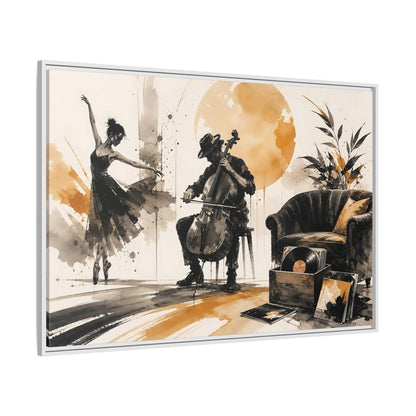 Side Mockup 7. Abstract Cello Dancer Brown And Black shown as framed canvas print
