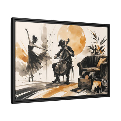 Side Mockup 14. Abstract Cello Dancer Brown And Black shown as framed canvas print
