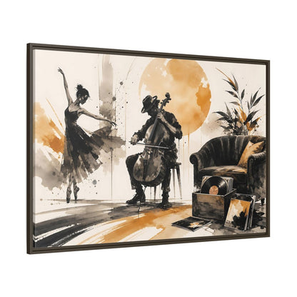 Side Mockup 8. Abstract Cello Dancer Brown And Black shown as framed canvas print