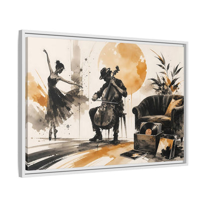 Side Mockup 10. Abstract Cello Dancer Brown And Black shown as framed canvas print