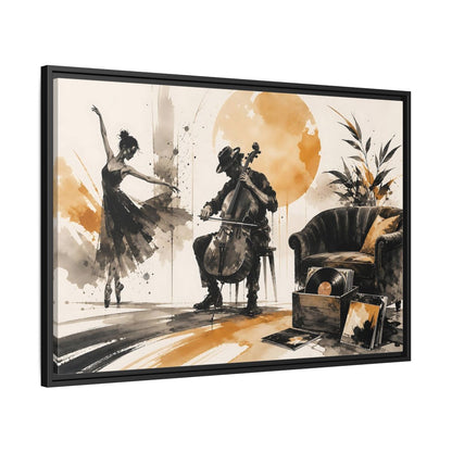 Side Mockup 13. Abstract Cello Dancer Brown And Black shown as framed canvas print