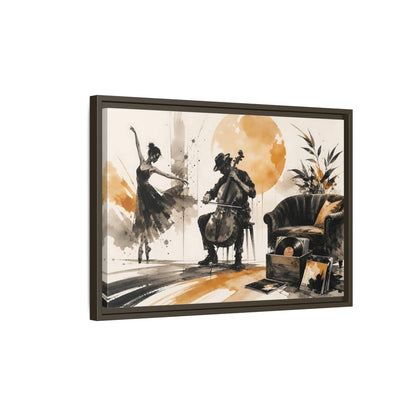 Side Mockup 2. Abstract Cello Dancer Brown And Black shown as framed canvas print