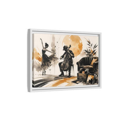 Side Mockup 4. Abstract Cello Dancer Brown And Black shown as framed canvas print