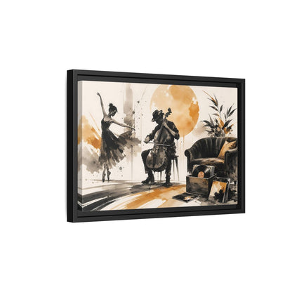 Side Mockup 6. Abstract Cello Dancer Brown And Black shown as framed canvas print