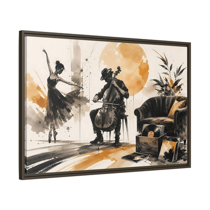 Main Mockup. Abstract Cello Dancer Brown And Black shown as framed canvas print