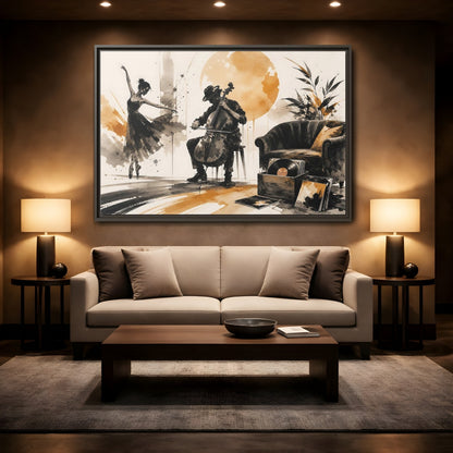 Mockup 2. Abstract Cello Dancer Brown And Black shown as framed canvas print