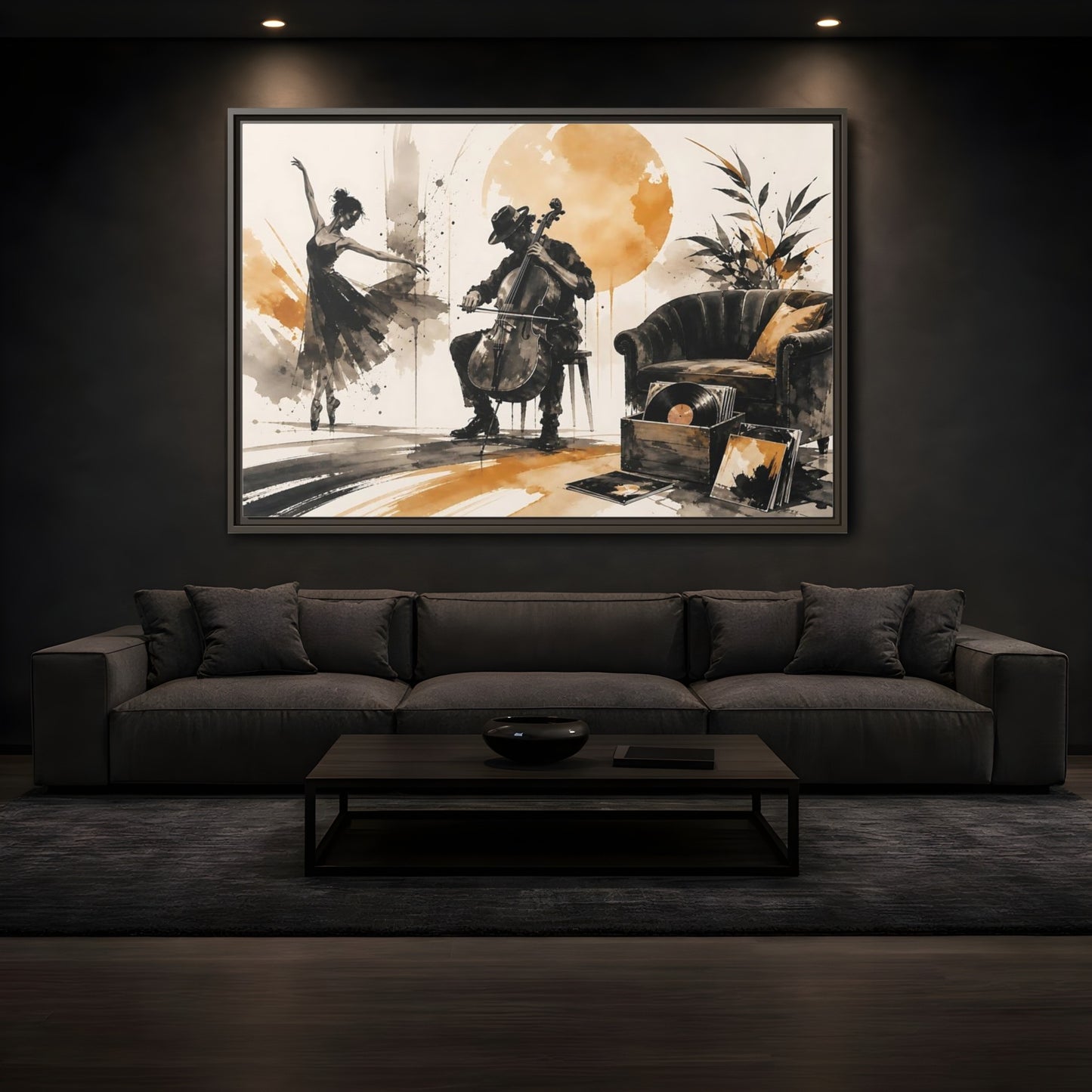 Mockup 3. Abstract Cello Dancer Brown And Black shown as framed canvas print