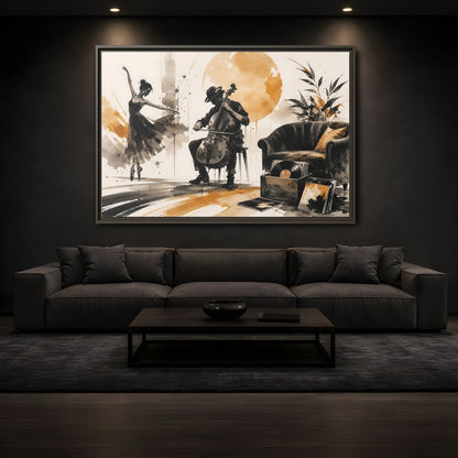 Mockup 3. Abstract Cello Dancer Brown And Black shown as framed canvas print