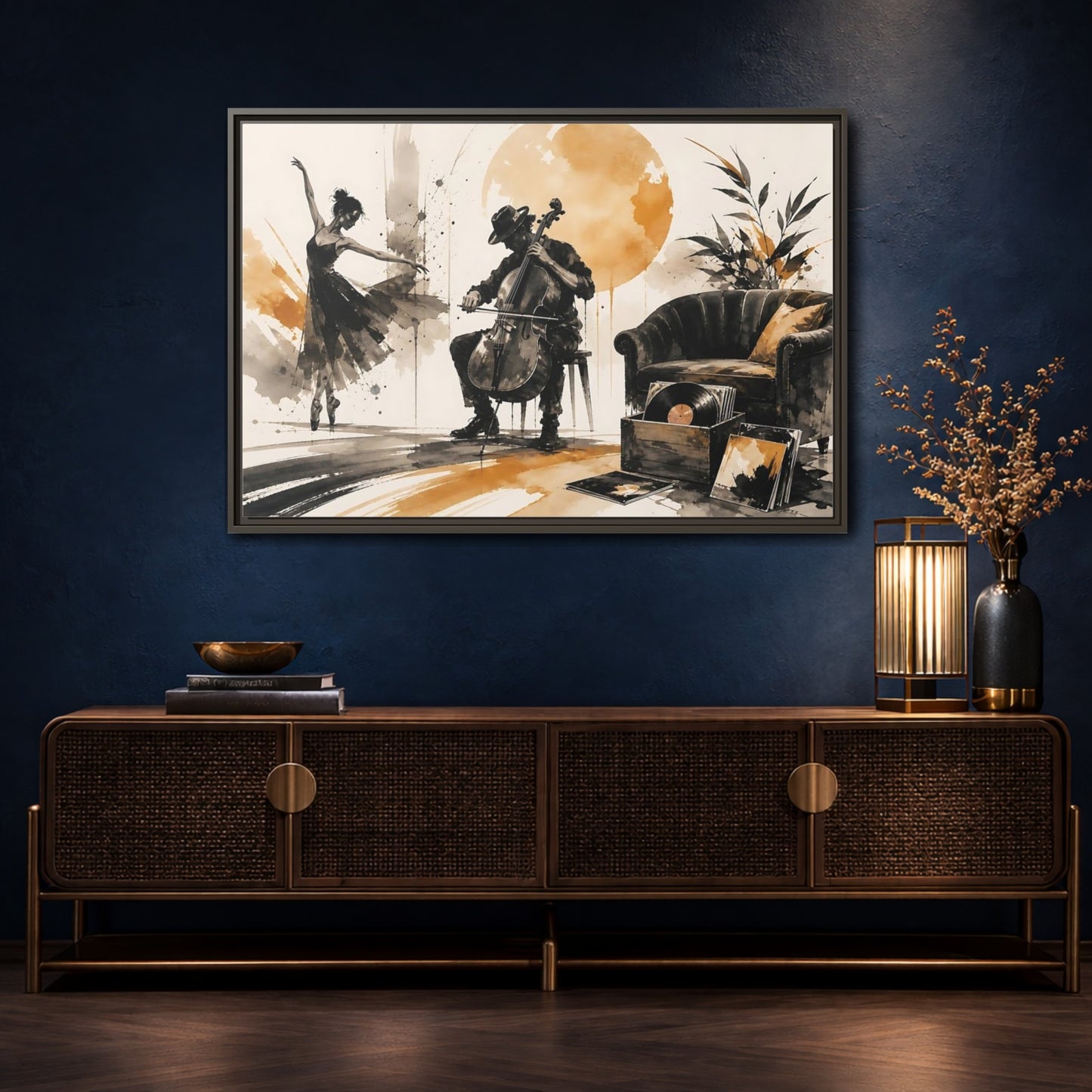 Mockup 4. Abstract Cello Dancer Brown And Black shown as framed canvas print