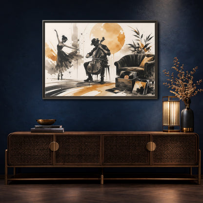 Mockup 4. Abstract Cello Dancer Brown And Black shown as framed canvas print