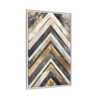 Abstract Chevron Pattern Gold Marble Geometric Framed Canvas Wall Art - Modern Living Room, Above Sofa shown as canvas wall art