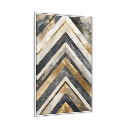 Abstract Chevron Pattern Gold Marble Geometric Framed Canvas Wall Art - Modern Living Room, Above Sofa shown as canvas wall art