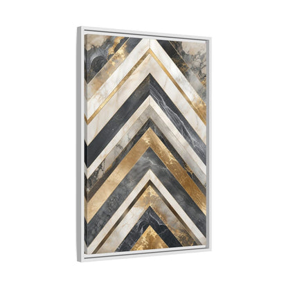 Abstract Chevron Pattern Gold Marble Geometric Framed Canvas Wall Art - Modern Living Room, Above Sofa shown as canvas wall art