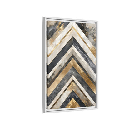 Abstract Chevron Pattern Gold Marble Geometric Framed Canvas Wall Art - Modern Living Room, Above Sofa shown as canvas wall art