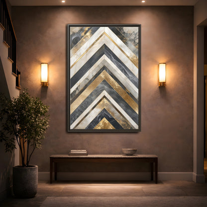 Abstract Chevron Pattern Gold Marble Geometric Framed Canvas Wall Art - Modern Living Room, Above Sofa shown as canvas wall art