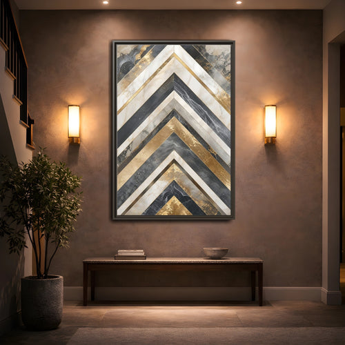 Mockup 2. Abstract Chevron Pattern Gold Marble Geometric shown as stretched canvas wall art