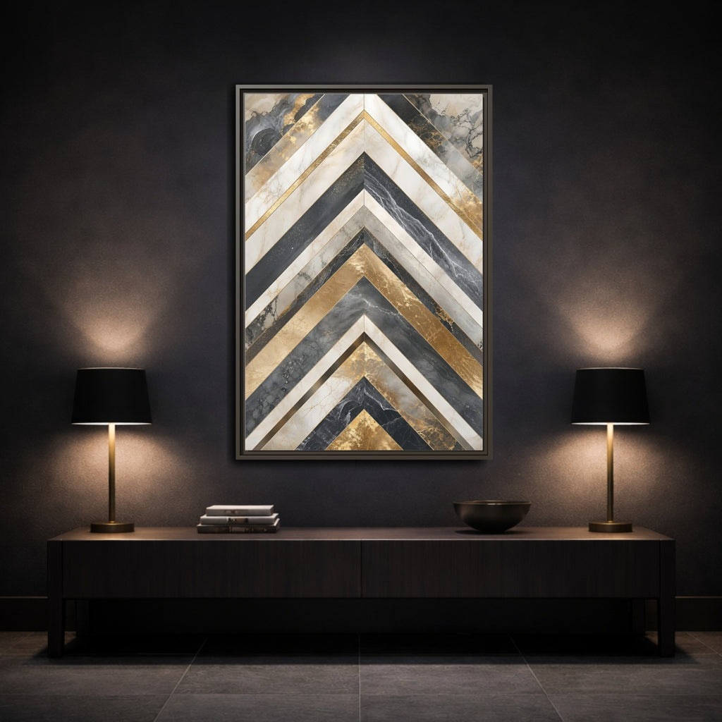 Mockup 3. Abstract Chevron Pattern Gold Marble Geometric shown as stretched canvas wall art