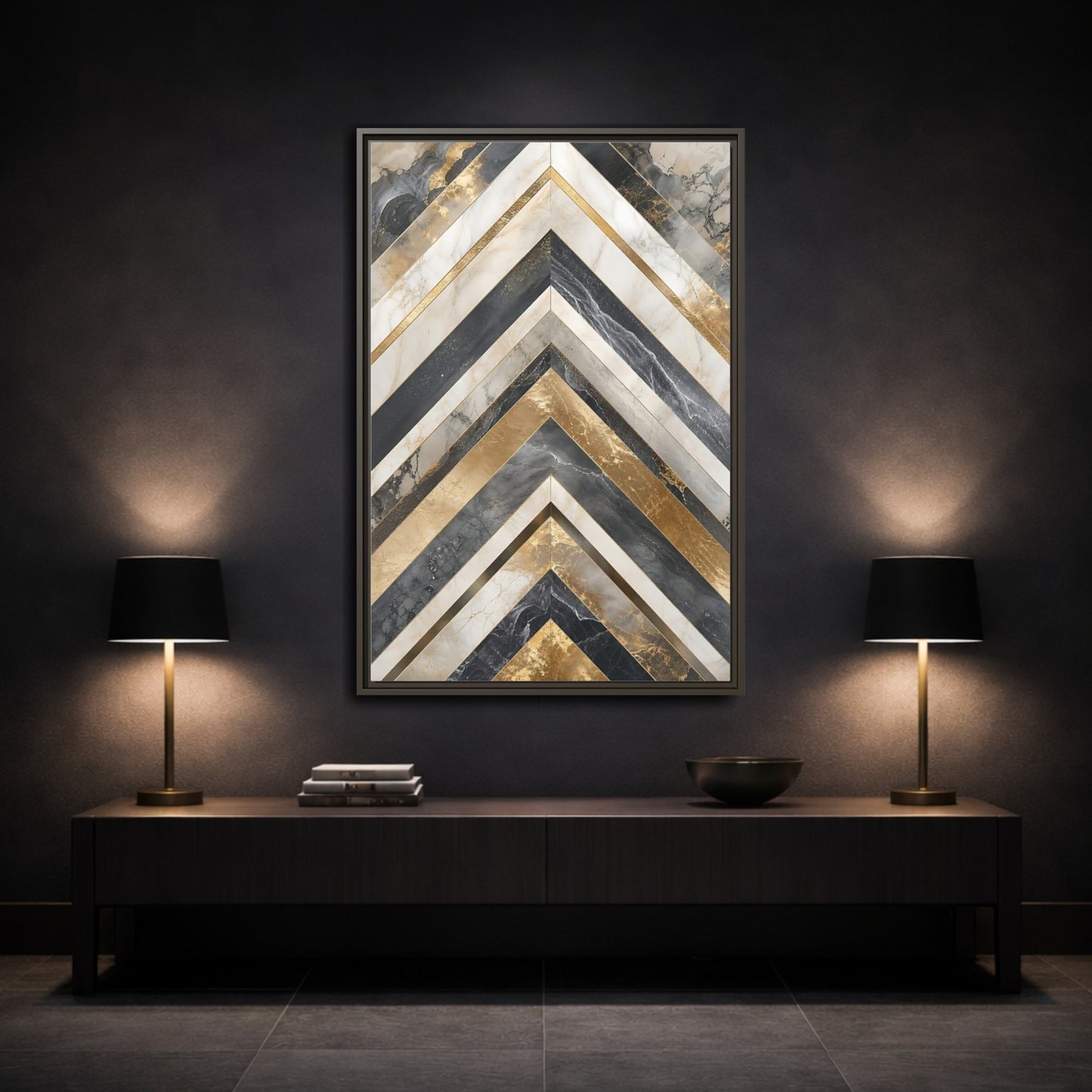 Abstract Chevron Pattern Gold Marble Geometric Framed Canvas Wall Art - Modern Living Room, Above Sofa shown as canvas wall art