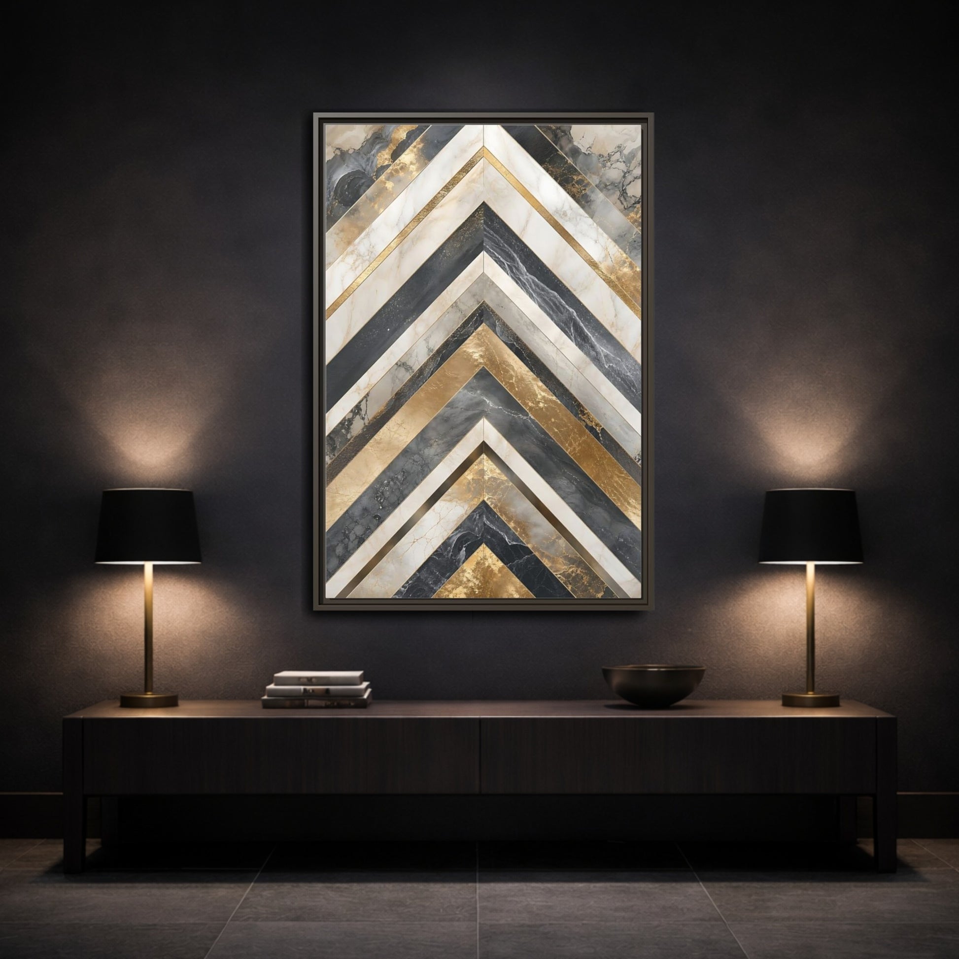 Abstract Chevron Pattern Gold Marble Geometric Framed Canvas Wall Art - Modern Living Room, Above Sofa shown as canvas wall art