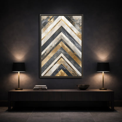 Abstract Chevron Pattern Gold Marble Geometric Framed Canvas Wall Art - Modern Living Room, Above Sofa shown as canvas wall art