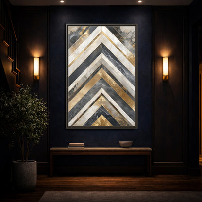 Abstract Chevron Pattern Gold Marble Geometric Framed Canvas Wall Art - Modern Living Room, Above Sofa shown as canvas wall art