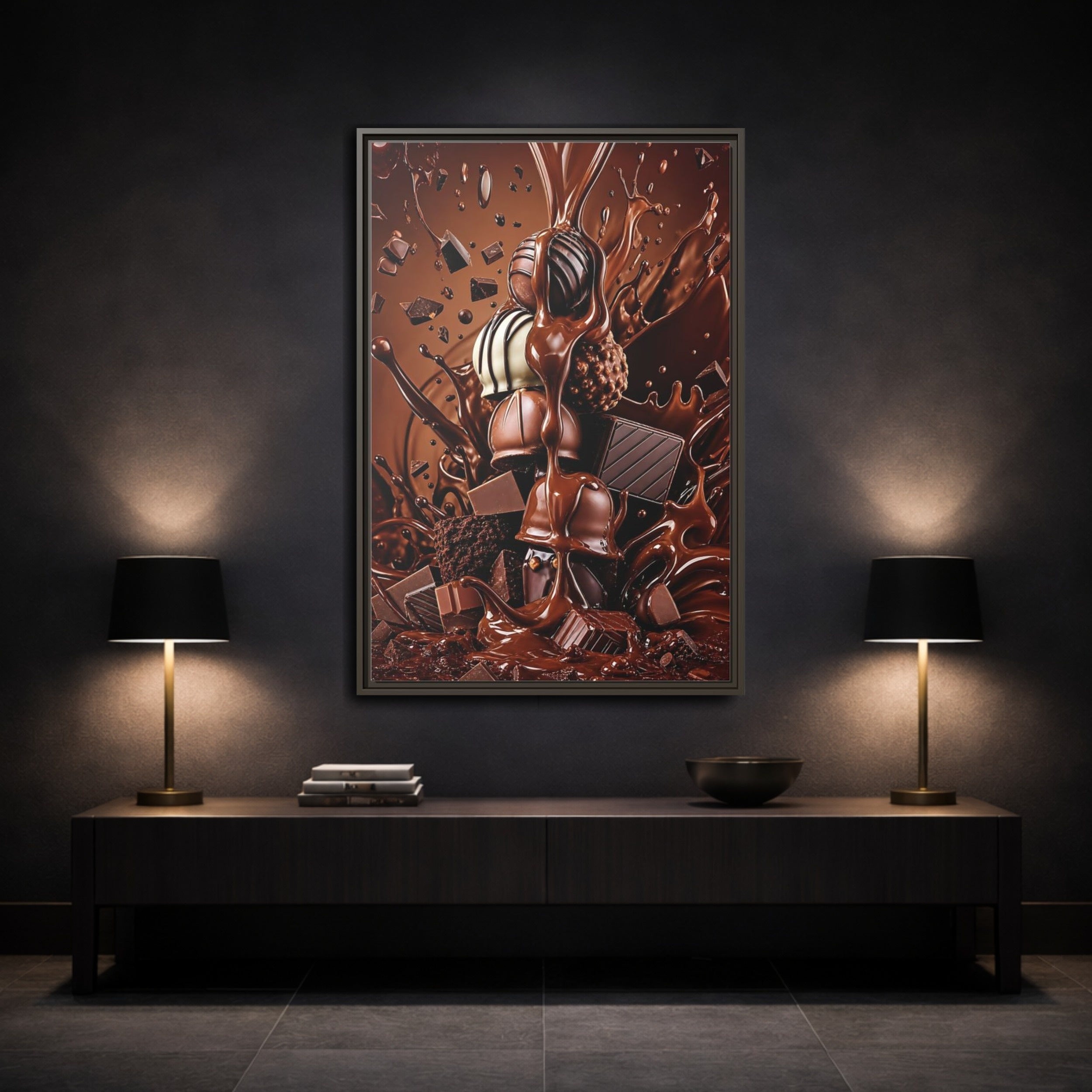 Mockup 3. Abstract Chocolates Brown Chocolate shown as stretched canvas wall art