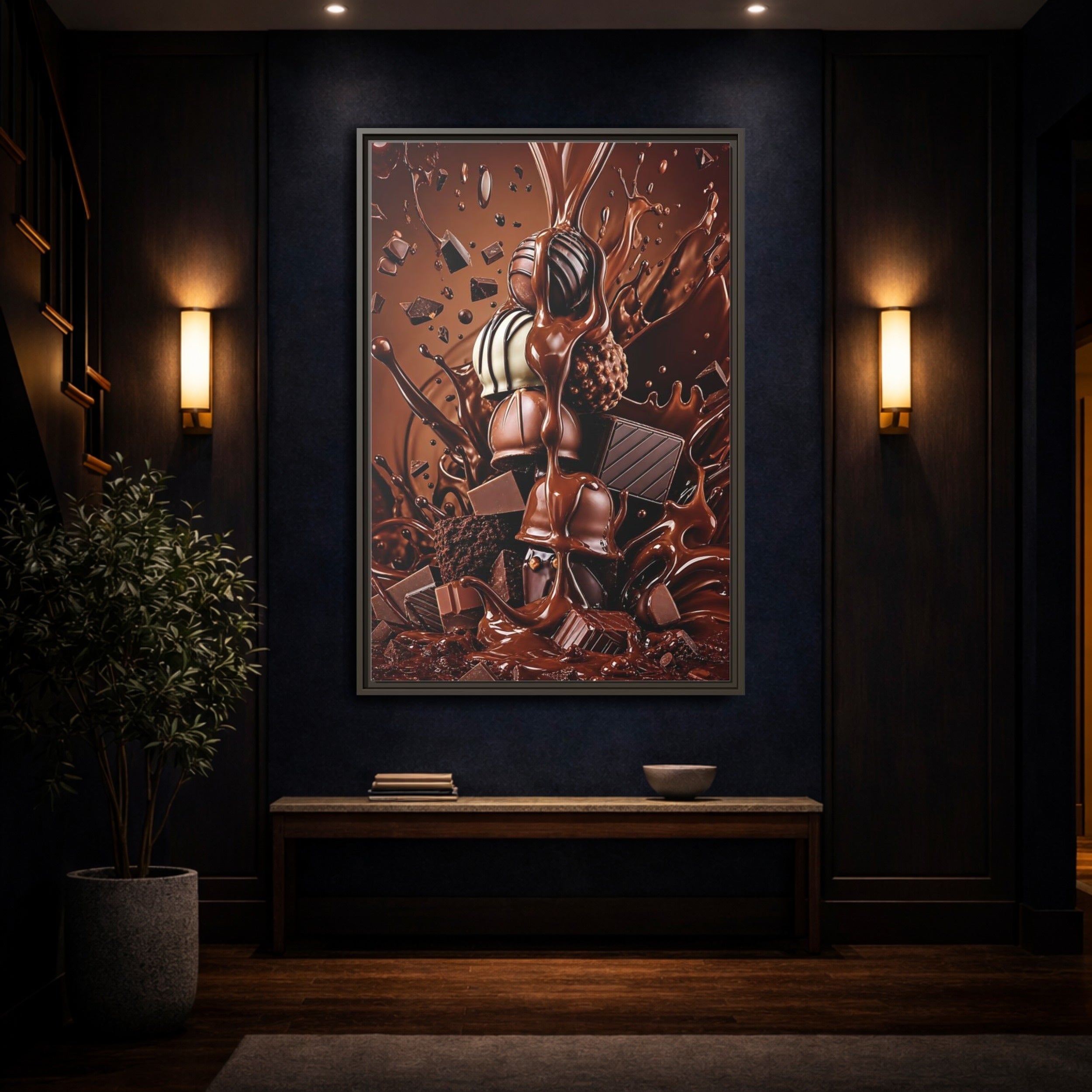 Mockup 4. Abstract Chocolates Brown Chocolate shown as stretched canvas wall art