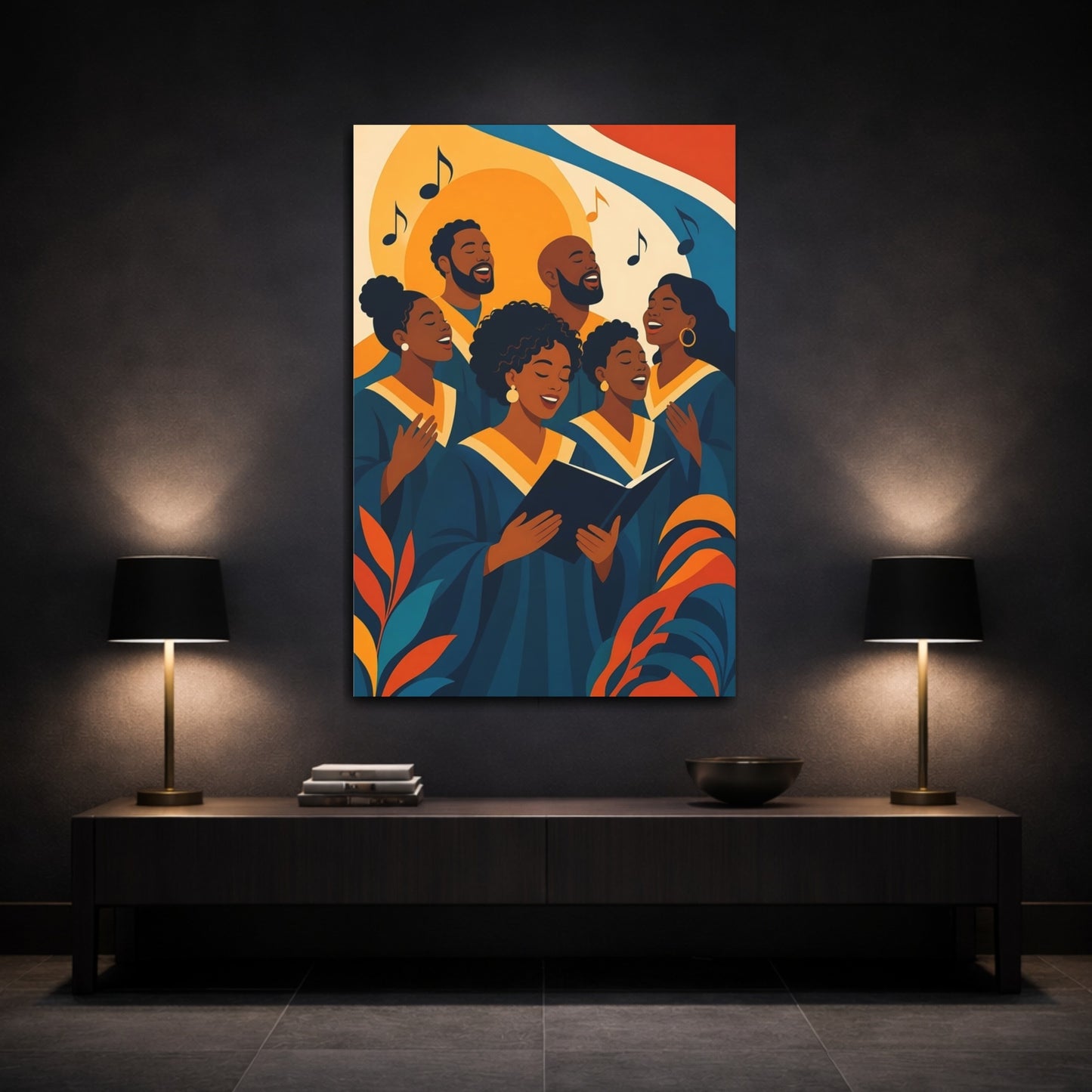 Mockup 3. Abstract Choir Singers Colorful Choir Art shown as canvas print