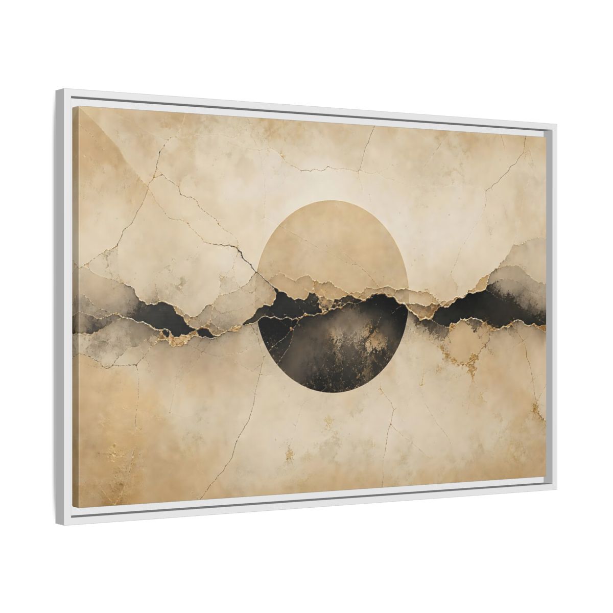 Side Mockup 9. Abstract Abstract Circle Beige And Black Abstract shown as stretched canvas wall art