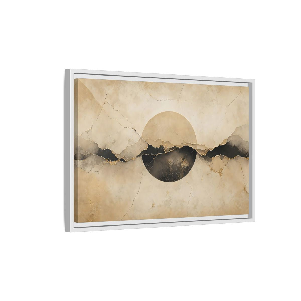 Side Mockup 1. Abstract Abstract Circle Beige And Black Abstract shown as stretched canvas wall art