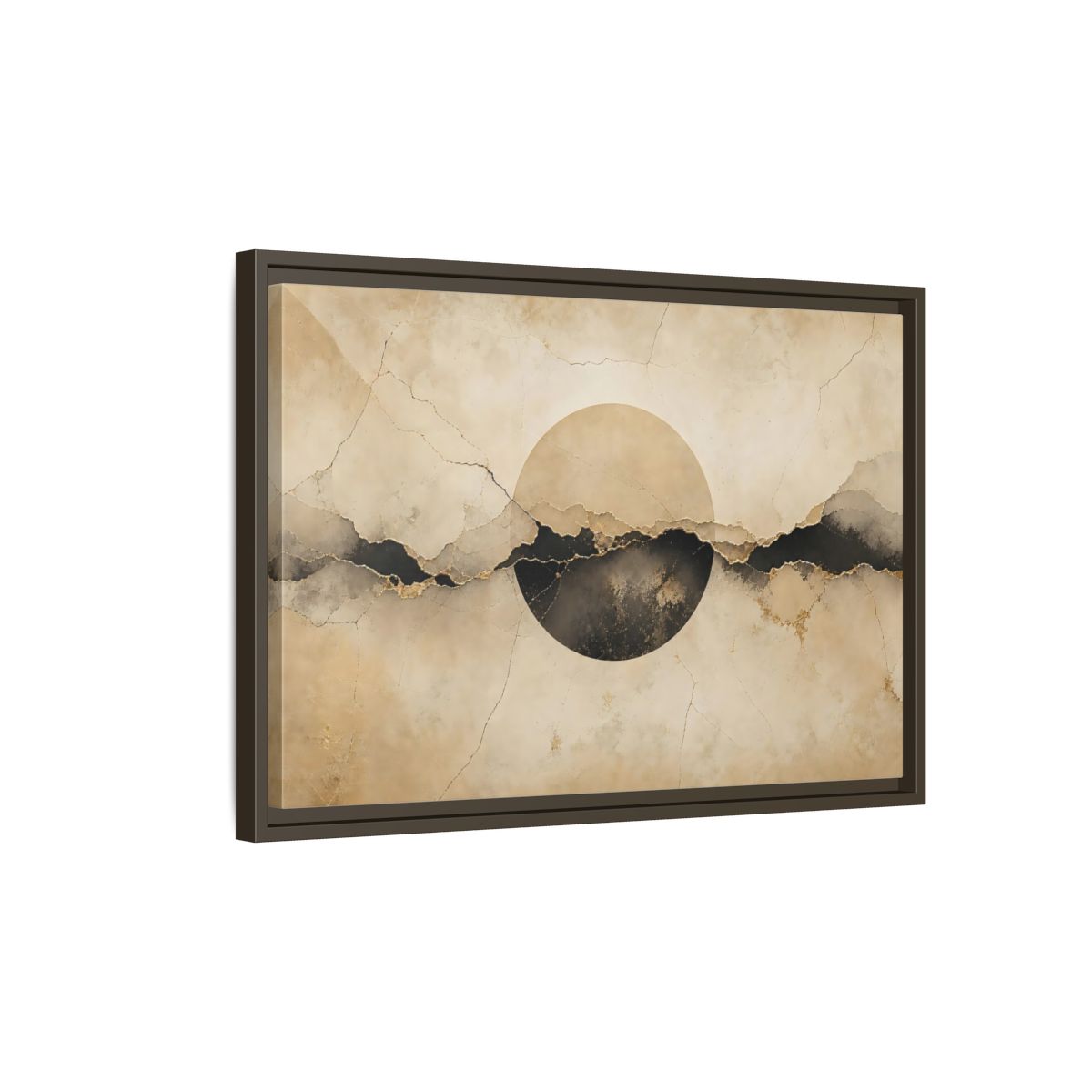Side Mockup 2. Abstract Abstract Circle Beige And Black Abstract shown as stretched canvas wall art