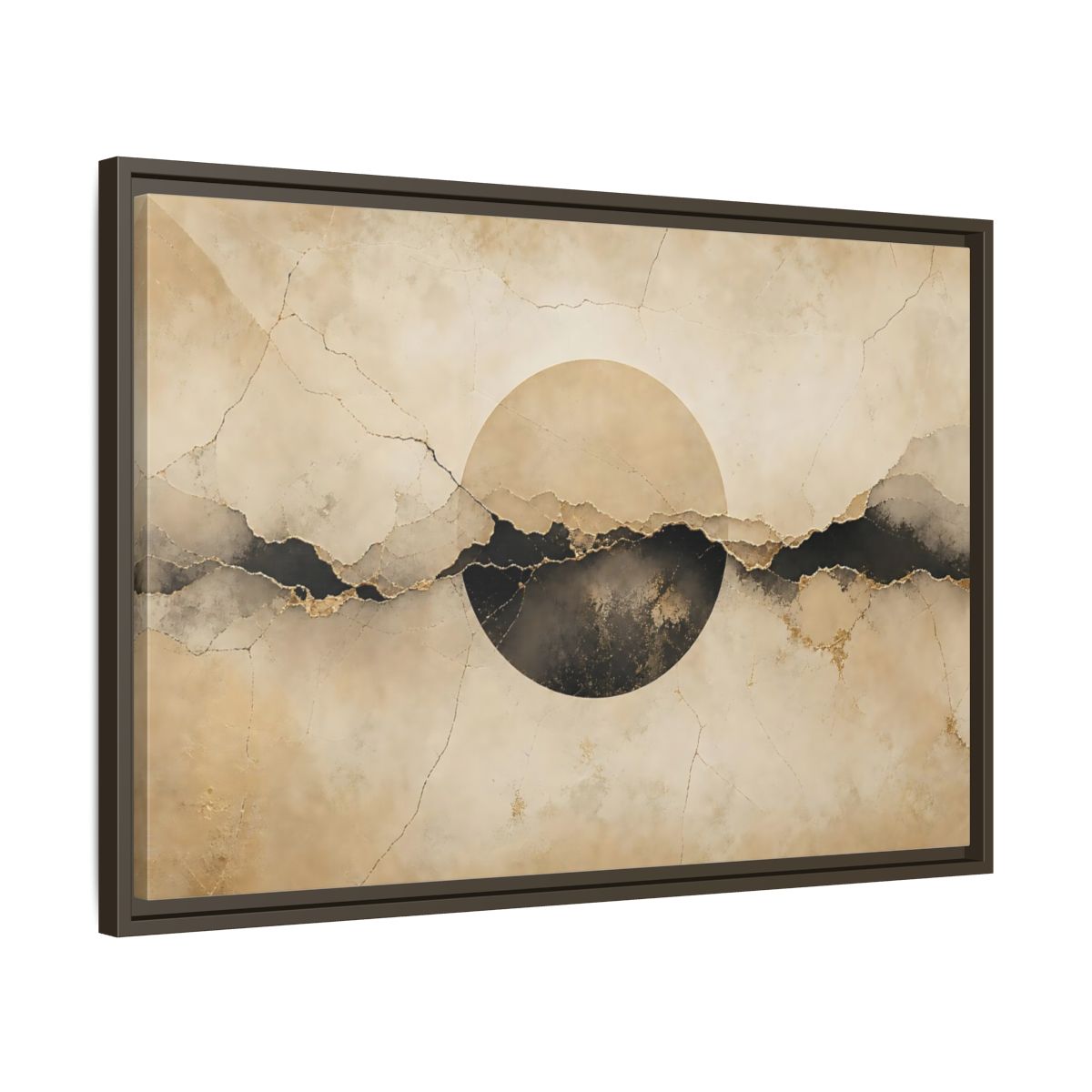 Side Mockup 11. Abstract Abstract Circle Beige And Black Abstract shown as stretched canvas wall art