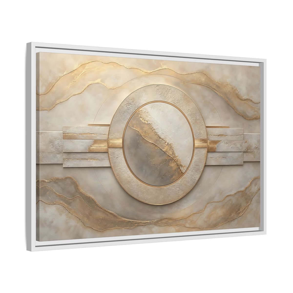 Side Mockup 10. Abstract Abstract Circle Gold And Beige Abstract shown as stretched canvas wall art