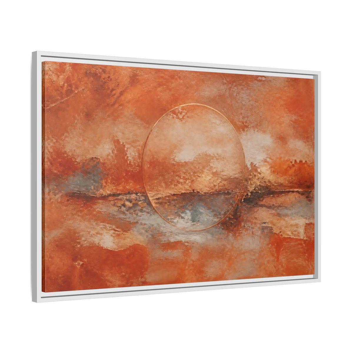 Side Mockup 9. Abstract Abstract Circle Orange And Gold shown as stretched canvas wall art