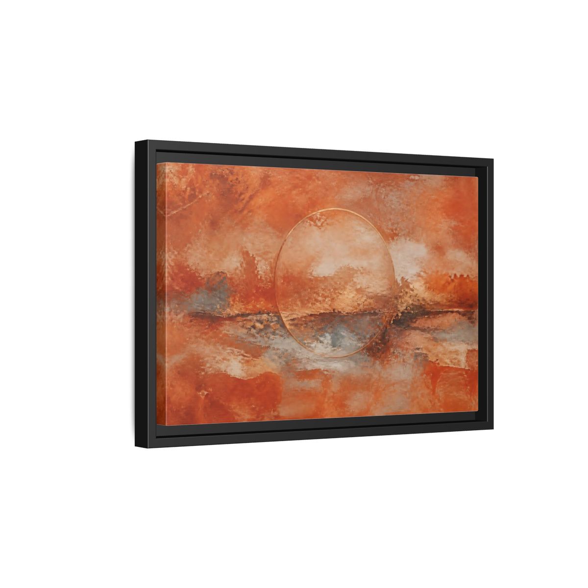 Side Mockup 6. Abstract Abstract Circle Orange And Gold shown as stretched canvas wall art