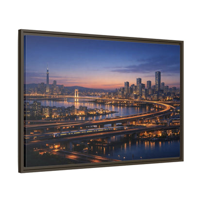 Main Mockup. Abstract City Skyline Vibrant City Night shown as stretched canvas wall art
