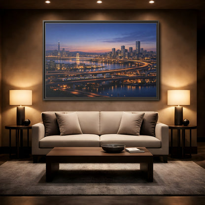 Mockup 2. Abstract City Skyline Vibrant City Night shown as stretched canvas wall art