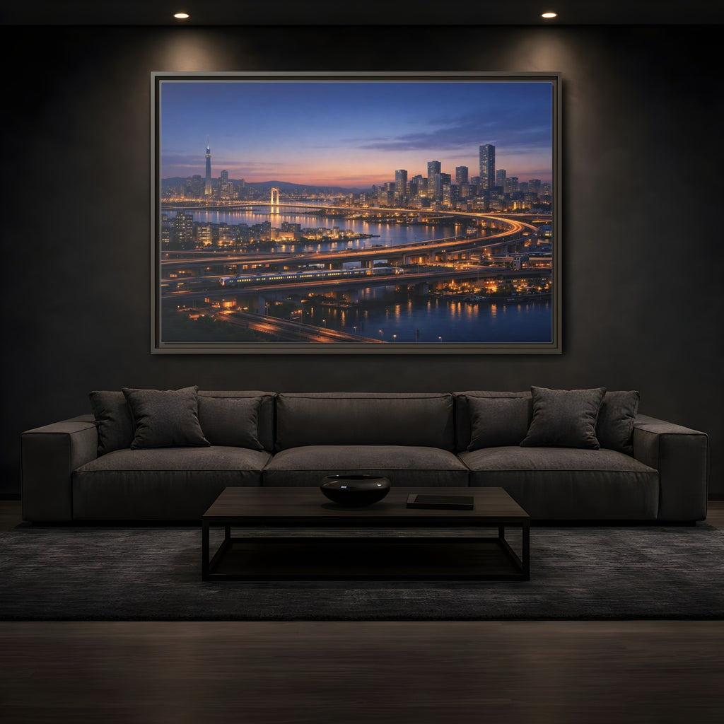 Mockup 3. Abstract City Skyline Vibrant City Night shown as stretched canvas wall art