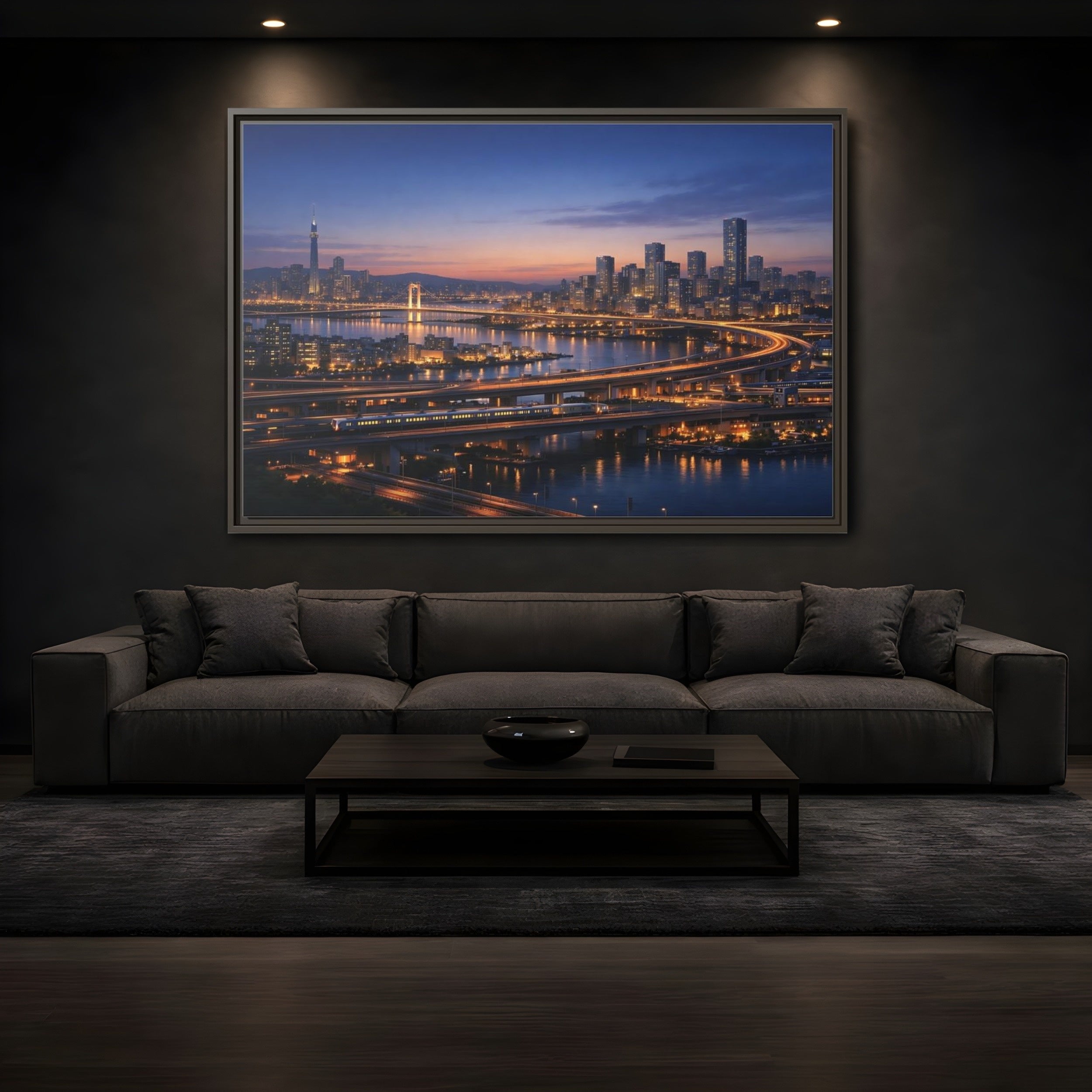 Mockup 3. Abstract City Skyline Vibrant City Night shown as stretched canvas wall art
