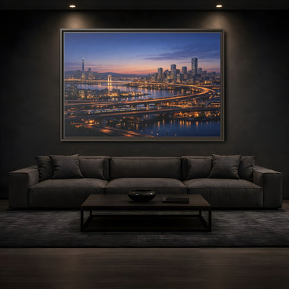 Mockup 3. Abstract City Skyline Vibrant City Night shown as stretched canvas wall art