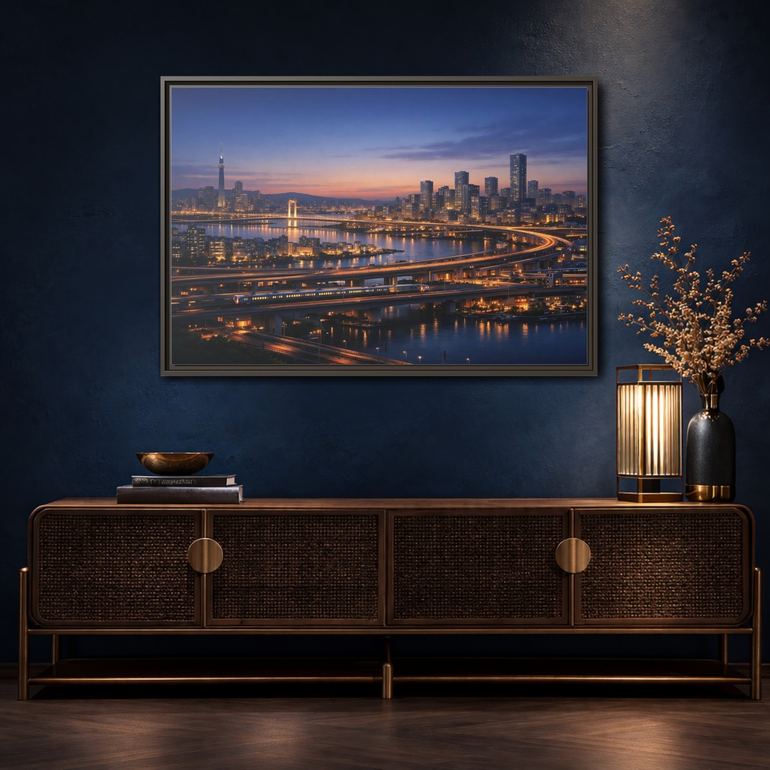 Mockup 4. Abstract City Skyline Vibrant City Night shown as stretched canvas wall art