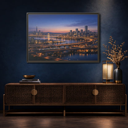 Mockup 4. Abstract City Skyline Vibrant City Night shown as stretched canvas wall art