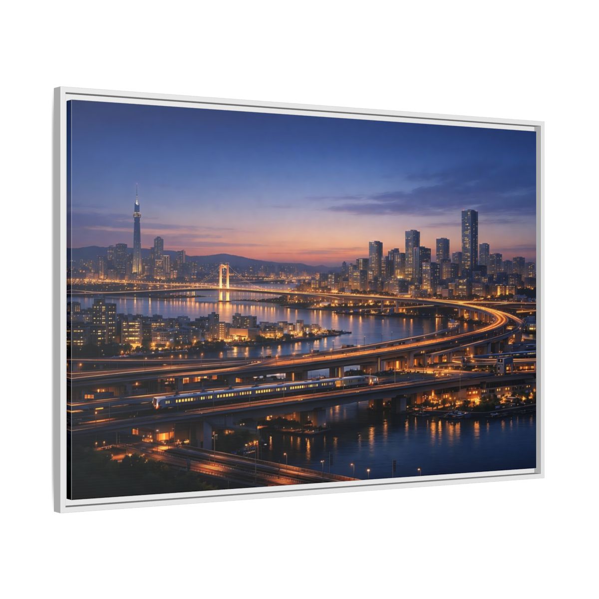 Side Mockup 7. Abstract City Skyline Vibrant City Night shown as stretched canvas wall art