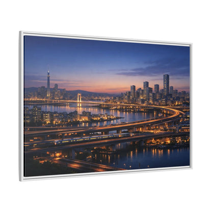 Side Mockup 7. Abstract City Skyline Vibrant City Night shown as stretched canvas wall art