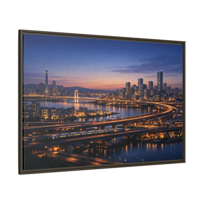 Side Mockup 8. Abstract City Skyline Vibrant City Night shown as stretched canvas wall art