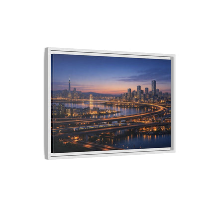 Side Mockup 1. Abstract City Skyline Vibrant City Night shown as stretched canvas wall art