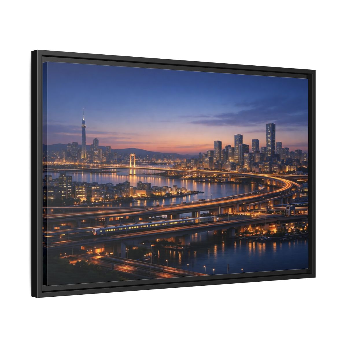 Side Mockup 14. Abstract City Skyline Vibrant City Night shown as stretched canvas wall art